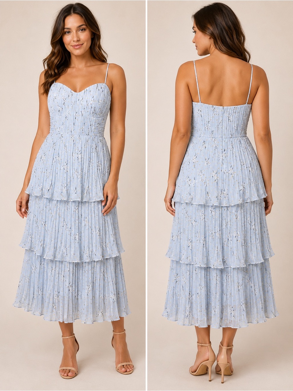 Self-Portrait Powder Blue Tiered Midi Dress with Metallic Flecks